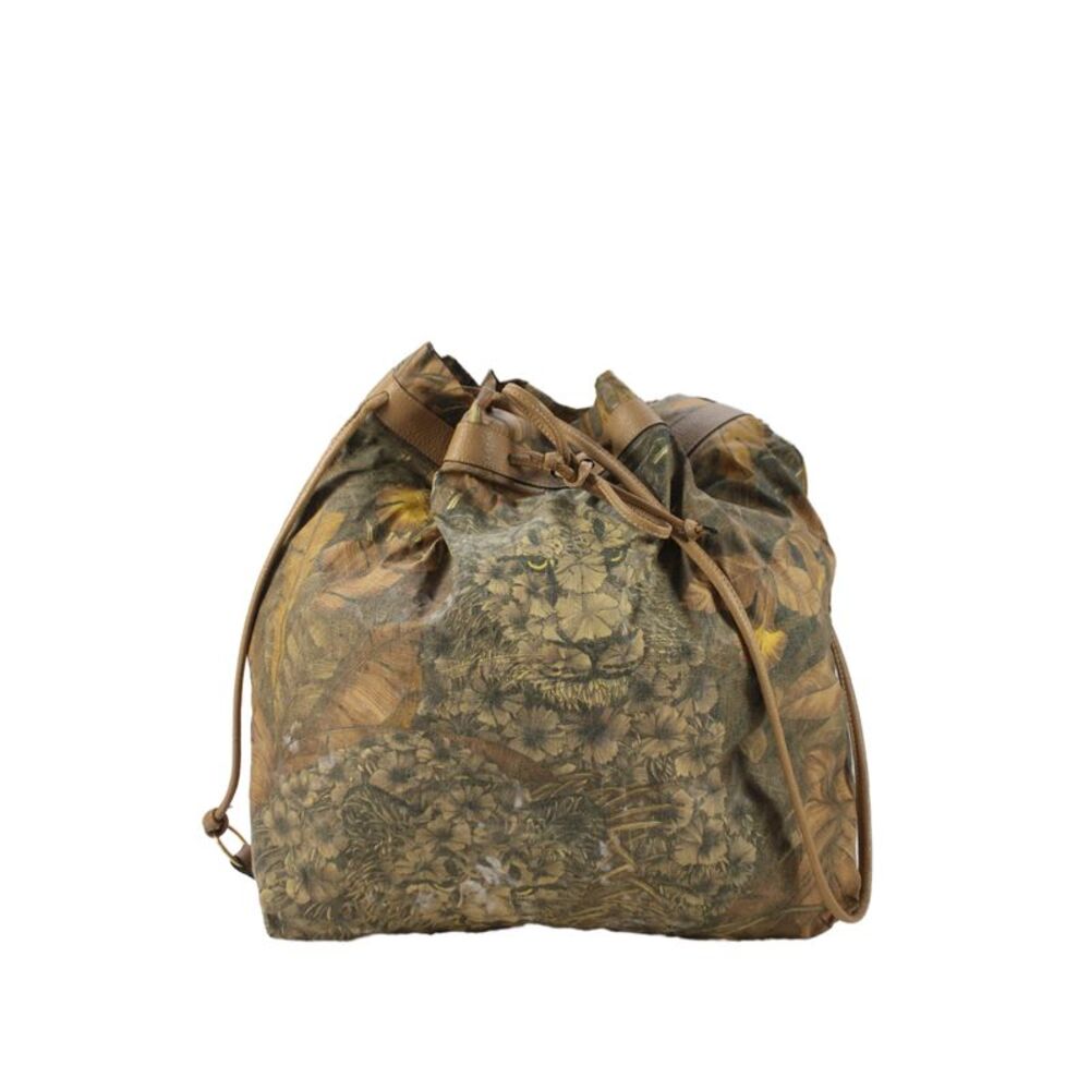 Ferragamo Womens Canvas Leaves Autumn Drawstring Handbag Brown